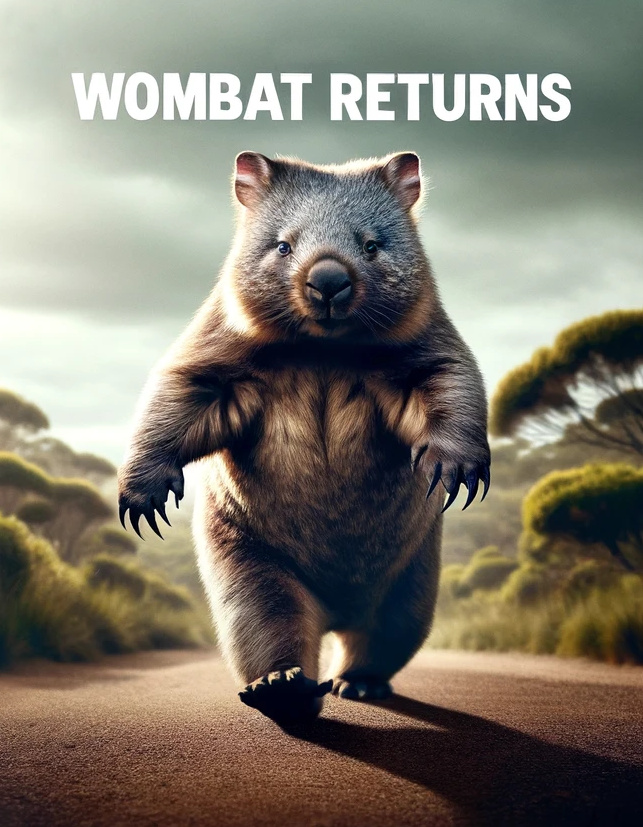 Image of a wombat walking toward the camera with a caption reading 'Wombat Returns'